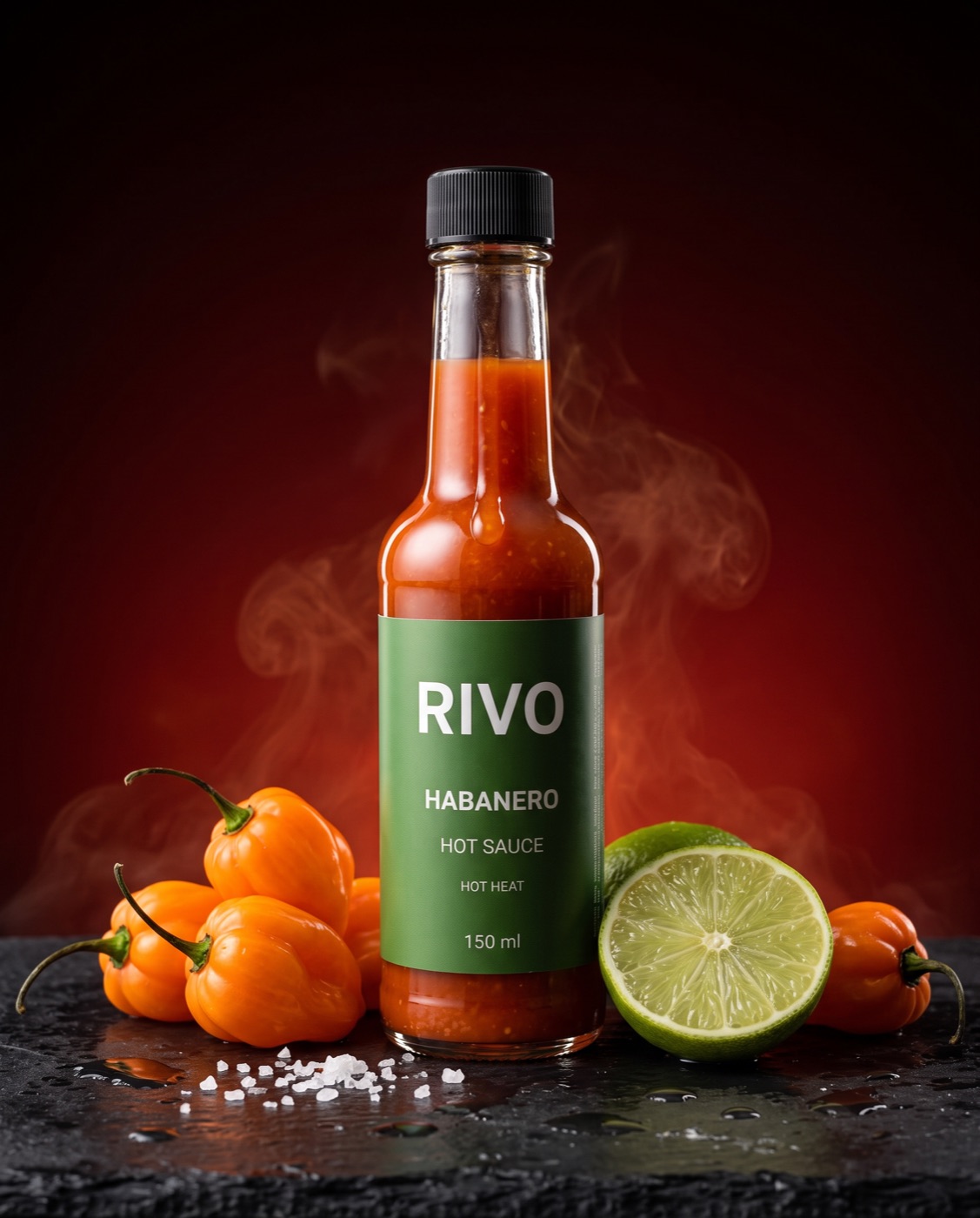 After: the same bottle in a professional advertising photo with chillies, lime and dramatic red lighting