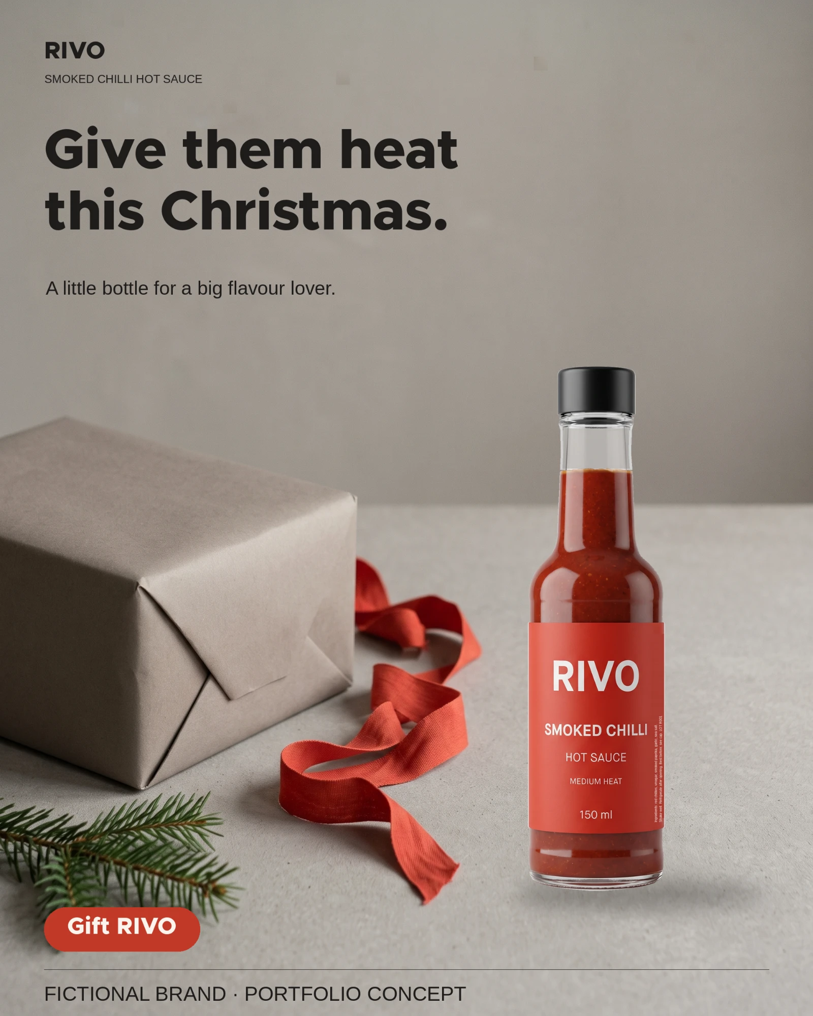 RIVO bottle beside a wrapped Christmas present with red ribbon
