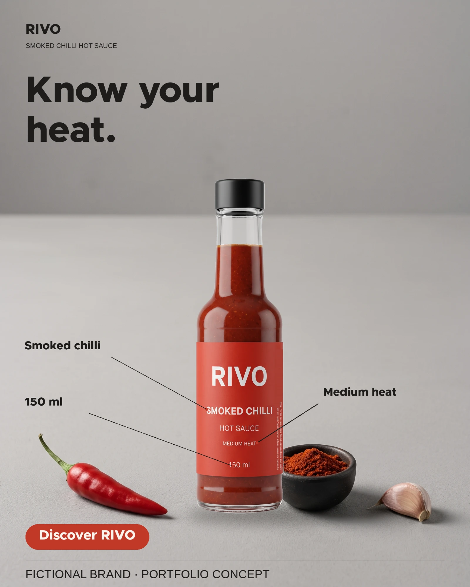 RIVO bottle with labelled callouts for smoked chilli, 150 ml and medium heat