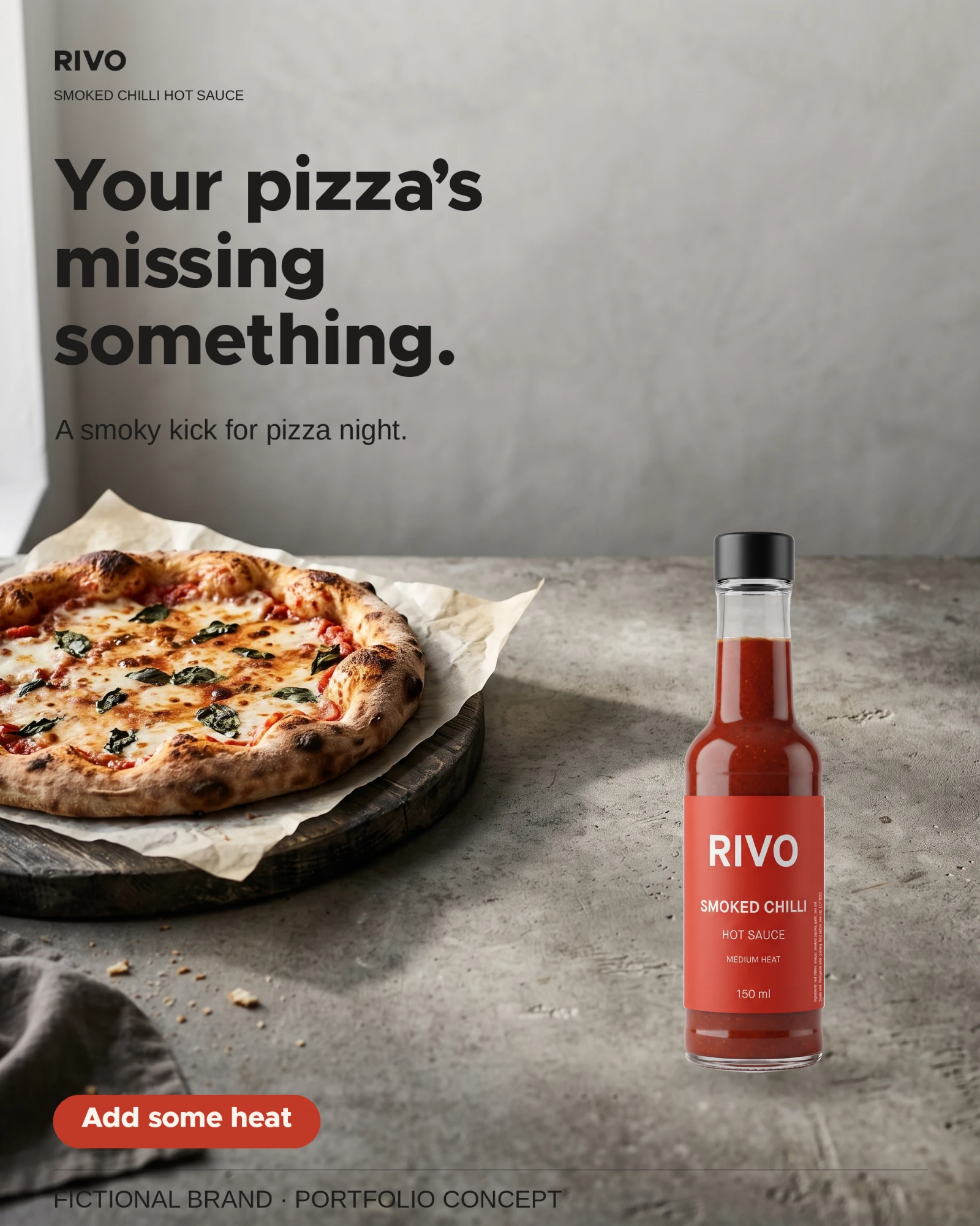 RIVO bottle beside a margherita pizza on a stone table